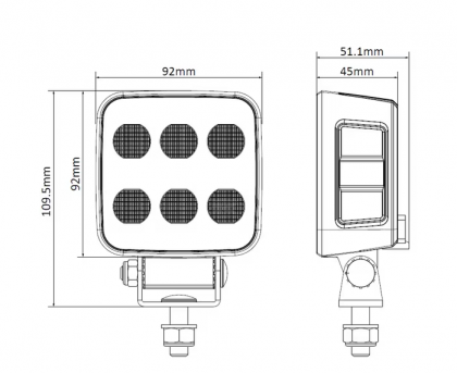 LA10830 Lampă de lucru LED, 60W, 6600lm, pătrat, 12/24V, alb, 92x109.5x51.1mm mufă Deutsch, rază largă, 12LED-uri